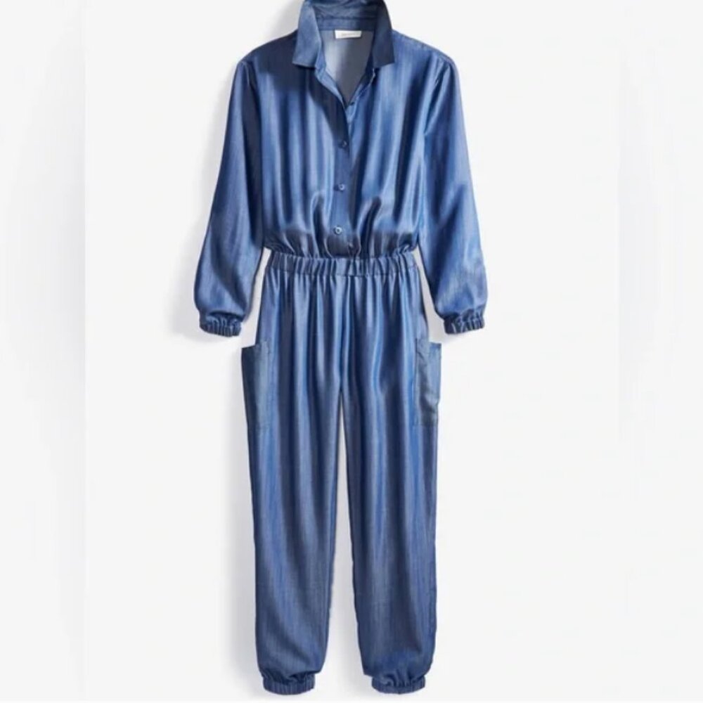 Women draped chambray jumpsuit - wash blue - on 34th brand - size X-SMALL